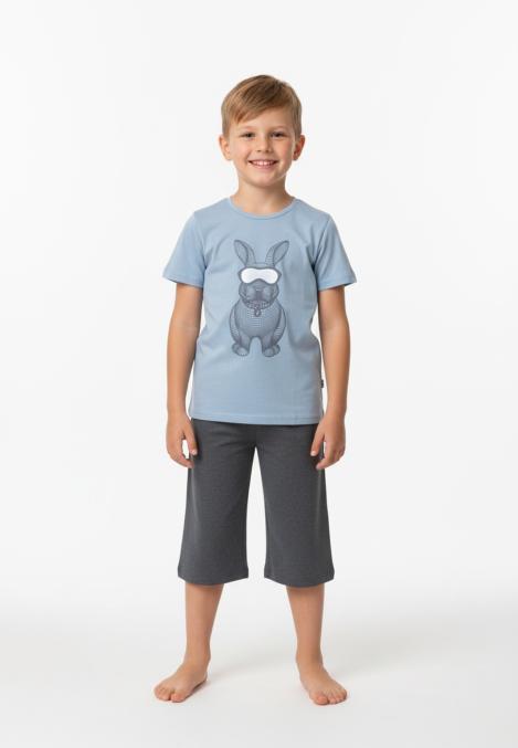 Pijama copii cu maneca scurta si pantaloni 3/4,culoare bleu,Engros